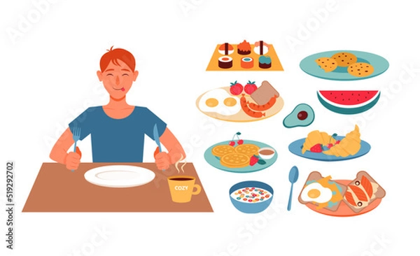 Fototapeta cute smiling boy or man with fork and knife in his hands sits at table with empty plate. Various types of breakfasts, drinks and decorations for self-composition of image. Food vector illustration.