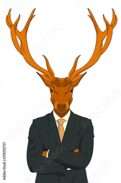 Fototapeta Serious deer - a businessman in a business suit: shirt, jacket and tie, stands with folded hands. Vector illustration	