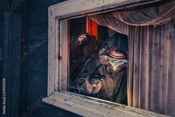 Fototapeta Fictional movie poster. People with flashlights, masks and protective clothing inspect old house. Infected epidemic people in destroyed home. Dark gloomy environment, filter processing. 