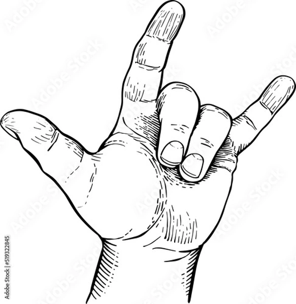 Fototapeta Close-up of a hand making the sign of love with fingers and rock and roll sign. Black and white vector illustration. Hand language