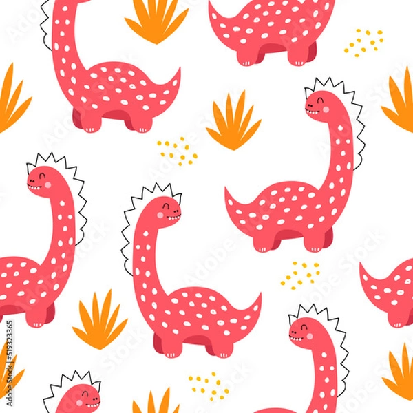 Fototapeta Vector hand drawn seamless pattern with colorful dinos and bushes. Cute dinosaurs. For wallpaper, children's clothing, fabric, poster, packaging, gift paper. On a white background.