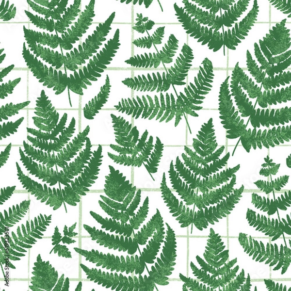Obraz Green fern on green checkered background, pattern illustration