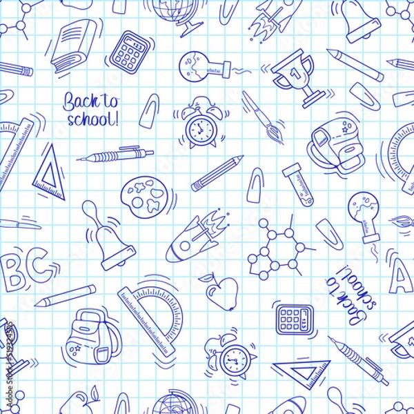 Fototapeta Back to school. Seamless pattern in sketch style. A sheet from a notebook with drawings. Writing utensils - pens, pencils and rulers. For wallpaper, printing on fabric, wrapping.