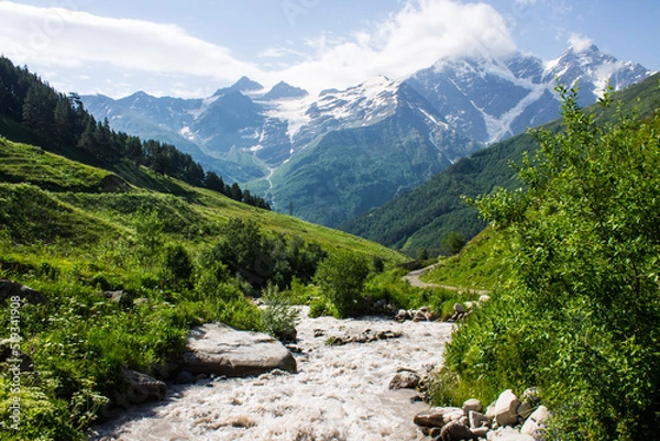 Obraz Pastoral landscape - the Terskol mountain river flows in the mountains between the slopes of high cliffs among bright green trees on a sunny summer day in the Elbrus region of Russia