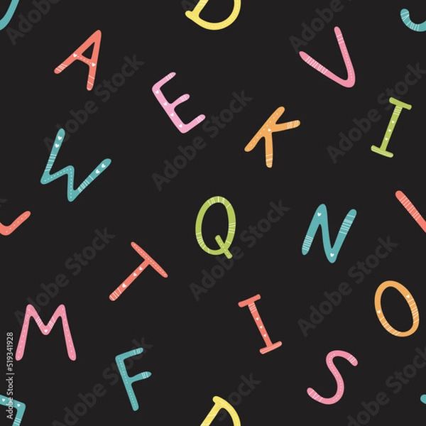 Fototapeta Seamless pattern with letters of the Latin alphabet. Black background. V