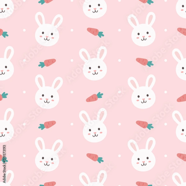 Fototapeta Cute rabbit with carrot, seamless pattern. Pink background. Pastel concept. Cute cartoon. Kawaii character