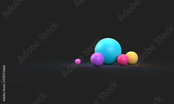 Fototapeta Multicolored balls on a black background. 3d rendering on the theme of abstract figures. Modern minimal style.