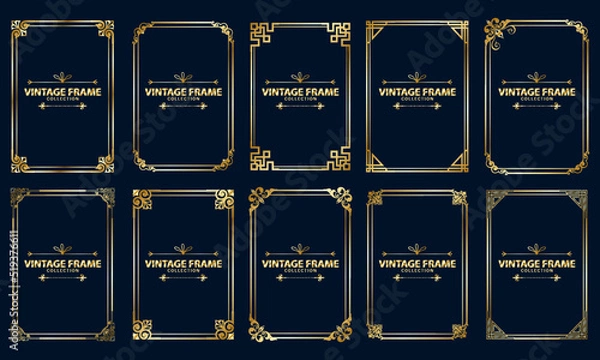Fototapeta Set of rectangular gold frame decoration, vintage calligraphy border frame, luxury, elegant design, vector illustration