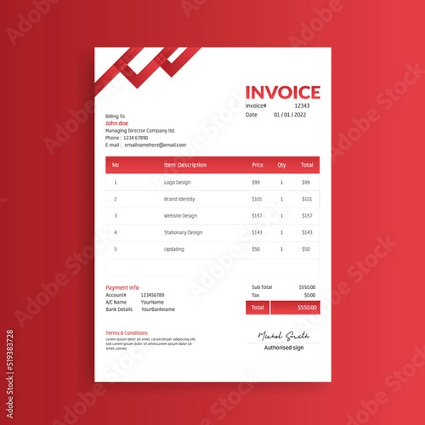 Obraz Minimal Red Invoice Design Template