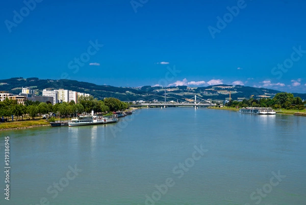Fototapeta Cruise ships On Danube River In The City Of Linz In Austria