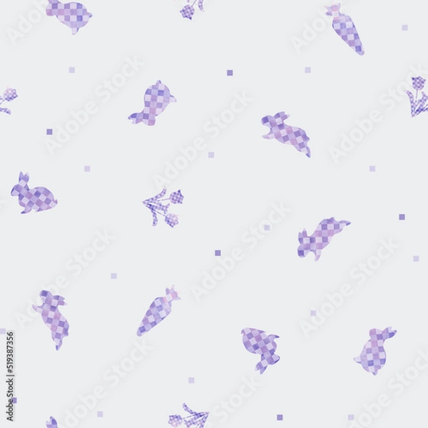 Fototapeta うさぎのチェック柄シームレスパターン、イラスト素材、パープル