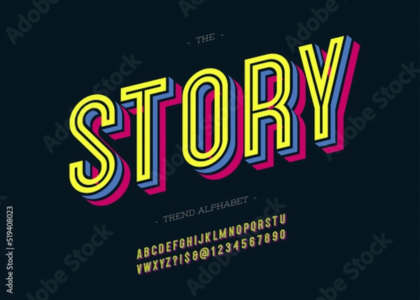 Fototapeta Vector bold story alphabet modern typography sans serif 3d style for book, promotion, poster, decoration, t shirt, sale banner, printing on fabric. Cool font. Trendy typeface. 10 eps
