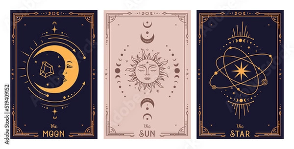 Obraz Mystical tarot card sun moon and star. Celestial poster design. Boho vector illustration. Esoteric decorative element. Witchcraft, occult, spiritual design