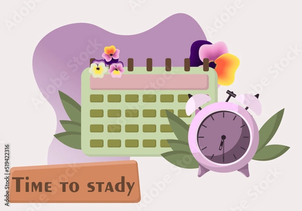 Fototapeta Paper spiral wall calendar and clock. Calendar and alarm clock.  Analytical flat style illustration decorated with violet flowers.