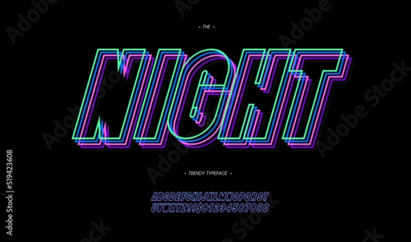 Fototapeta Vector night font 3d bold neon line style trendy typography for infographics, motion graphics, video, promotion, decoration, logotype, party poster, t shirt, book, animation, banner, game, printing
