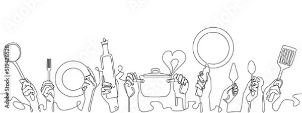 Fototapeta Cooking Background. Restaurant poster. Horizontal seamless pattern with Hands Holding different Kitchen Utensils. Vector illustration. Continuous line drawing style.