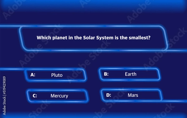 Fototapeta A template of questions and answer options for a quiz on a dark blue neon background. Test, exam, questions for a TV show. Vector illustration of EPS10