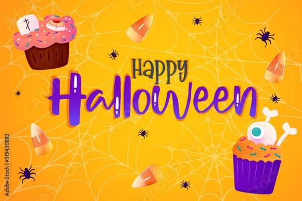 Fototapeta Happy Halloween banner orange with cobwer, spider and sweet dessert. Cute background. Vector design. Modern concept design. Happy halloween. Web banner template.