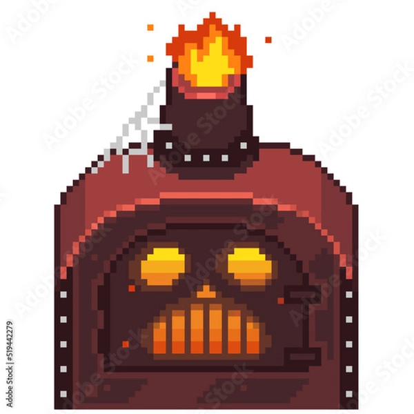 Fototapeta An 8-bit retro-styled pixel-art illustration of a steel furnace containing a raging fire.