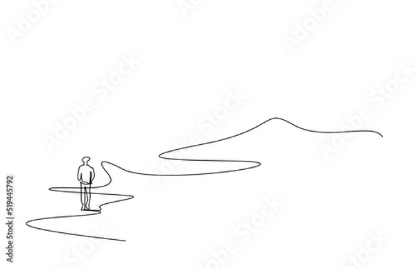 Fototapeta remote view of a person walking on the mountain road in nature