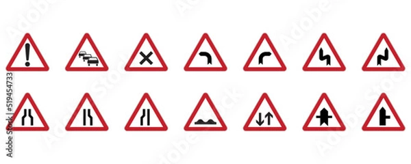 Fototapeta International traffic sign set. General warning, Crossing equivalent roads, Dangerous turns, Road narrows, Rough road, Two way traffic, Intersection with secondary road, Minor road junction. Vector.