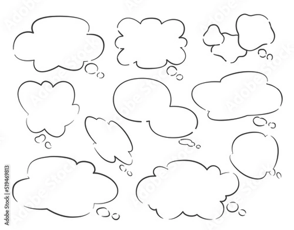 Fototapeta シンプルな手書きの吹き出しセット - 主線あり、雲形、モノローグ、思っていること