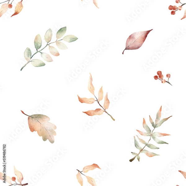 Fototapeta Watercolor hand drawn autumn seamless pattern with delicate illustration of colorful leaves of season trees, leaf fall. Elements isolated on white background.