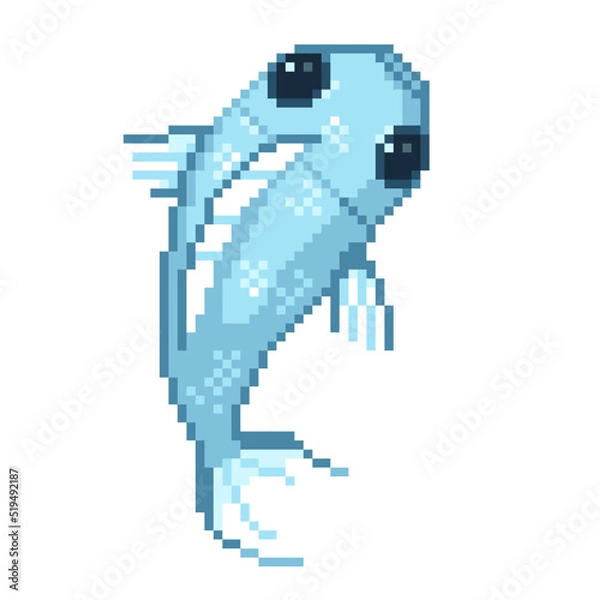 Obraz An 8-bit retro-styled pixel-art illustration of a blue fish.