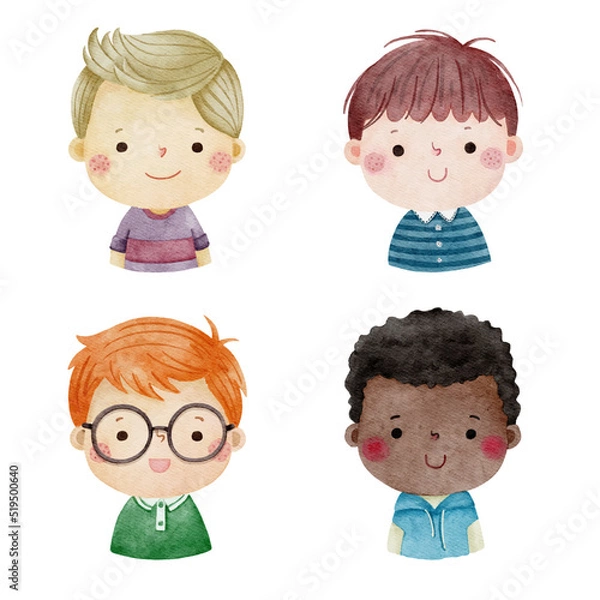 Obraz Set of watercolor little boy faces, avatars, kid heads different nationality set 2.