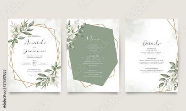 Obraz Wedding invitation set with green flowers and leaves
