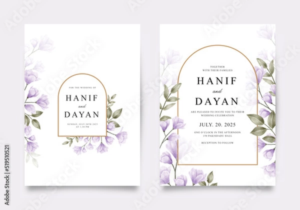 Obraz Elegant double sided wedding invitation set with purple flowers and leaves