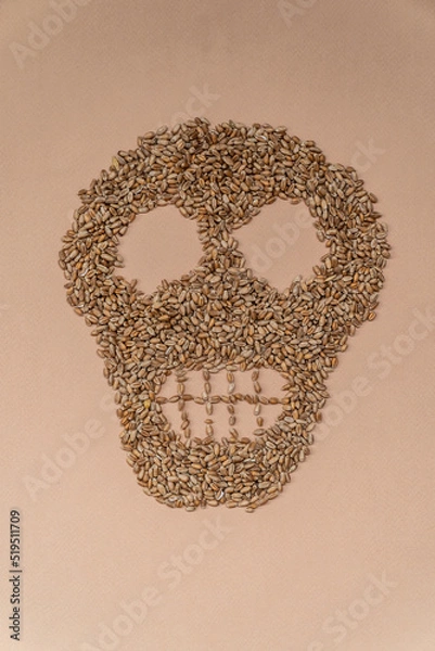 Fototapeta A skull made of wheat. Hunger. The food crisis. The global crisis. Consequences of the war. The problem with wheat from Ukraine .Vertical photo