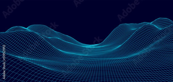 Fototapeta Digital wireframe landscape. Wireframe terrain polygon landscape design. Digital cyberspace in mountains with valleys. Vector illustration.