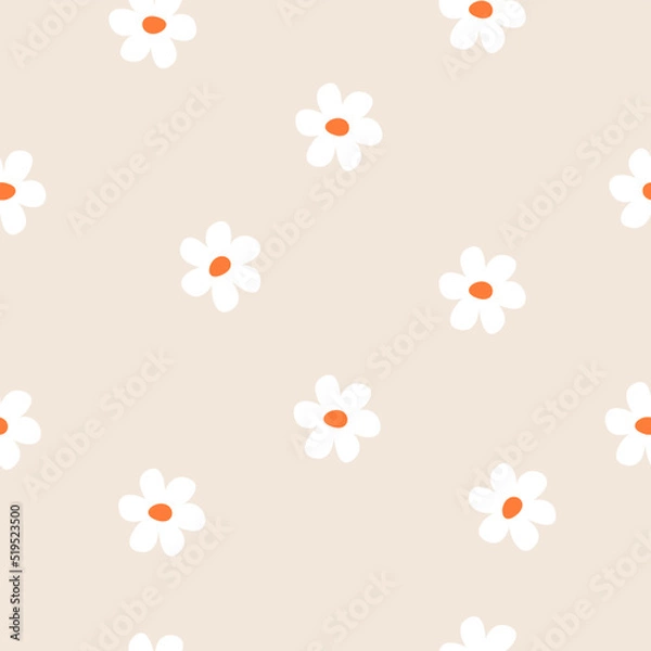 Obraz Seamless pattern with white flowers and an orange center. Cute and simple design. For wallpaper, gift wrapping, gift paper, cover, fabric, clothes. Hand drawn vector.