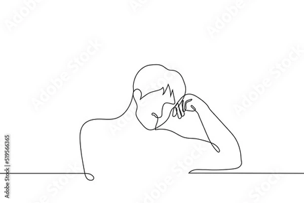 Fototapeta man sitting resting his head on his hand - one line drawing vector. concept discouragement, fatigue, reflection, apathy, depression