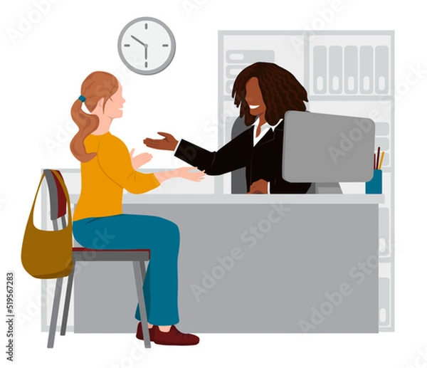 Fototapeta Dark-skinned female manager is sitting at a table. Woman is sitting on a chair. Girl communicates with the supervisor. Discussion between the boss and the subordinate. Vector illustration, flat style
