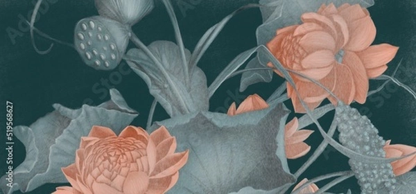 Fototapeta Lotus and wild grass. Abstract watercolor paint background grunge texture. Interior Wallpaper. Mural for the walls, fresco for the room, interior grunge style