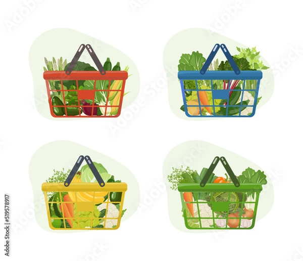 Obraz Grocery shopping baskets with fresh green vegetables and fruits from local farm market. Healthy vegan food set. Vector illustration isolated on white background