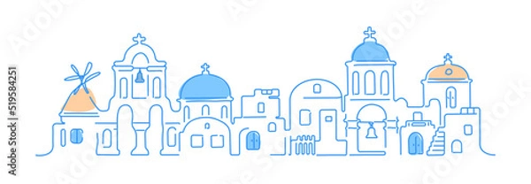 Fototapeta Santorini island, Greece. Traditional white architecture and Greek Orthodox churches with blue domes and a windmill. Vector linear illustration.