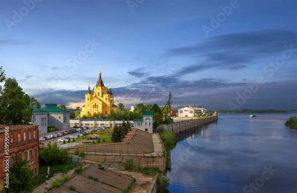 Obraz Panoramic view of the Volga River and the cathedral in the name of the holy prince Alexander Nevsky in the evening. Nizhny Novgorod, Russia.