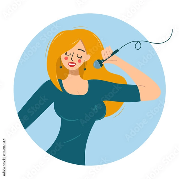 Fototapeta A cute girl sings with a microphone in her hand. A bright woman is rehearsing a song. Icon of a blonde with a microphone in a red dress. Singer character cartoon vector flat isolated illustration