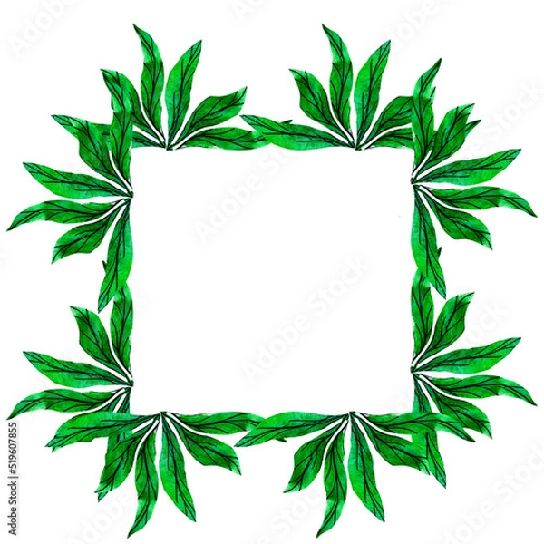 Obraz Watercolor green leaves frame border with place for your text