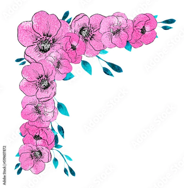 Obraz Watercolor pink floral frame corner border isolated on white background