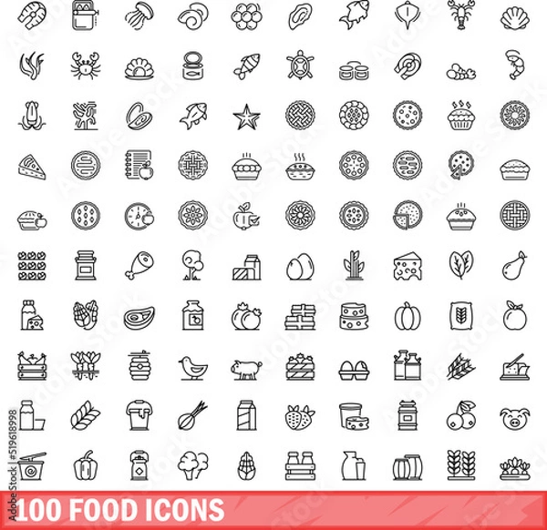 Fototapeta 100 food icons set. Outline illustration of 100 food icons vector set isolated on white background