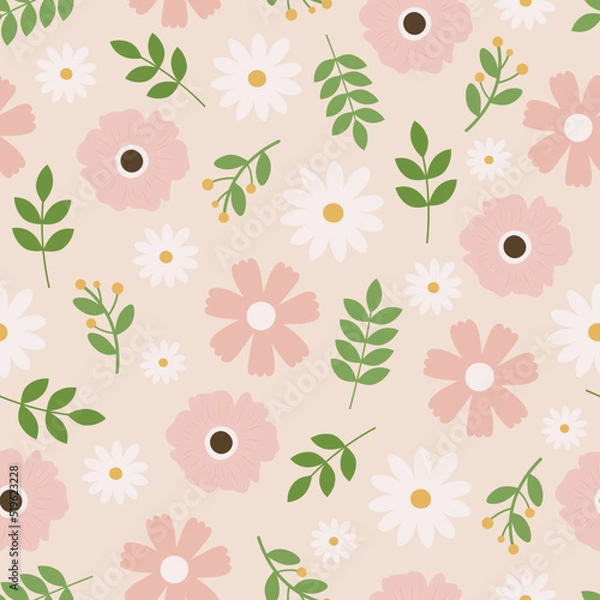 Obraz Seamless pattern flowers and leaves vector illustration