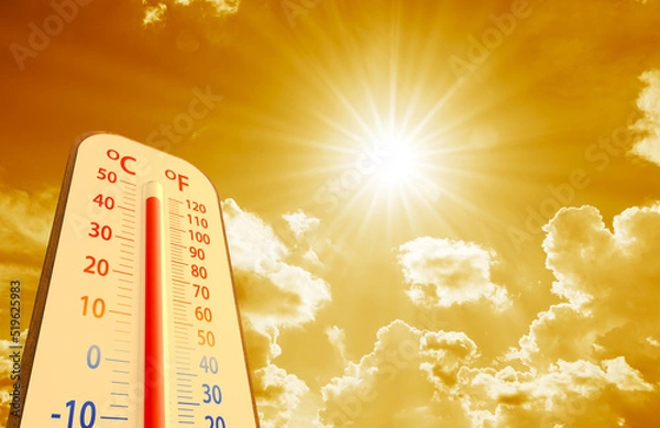 Obraz hot temperature,Thermometer on yellow sky with sun shining in summer show higher Weather, concept global warming
