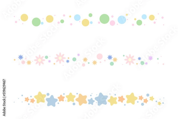 Obraz Set of cartoon decorative borders. Floral, polka dot, star pattern dividers. Isolated by white background, flat design, vector, illustration, EPS10