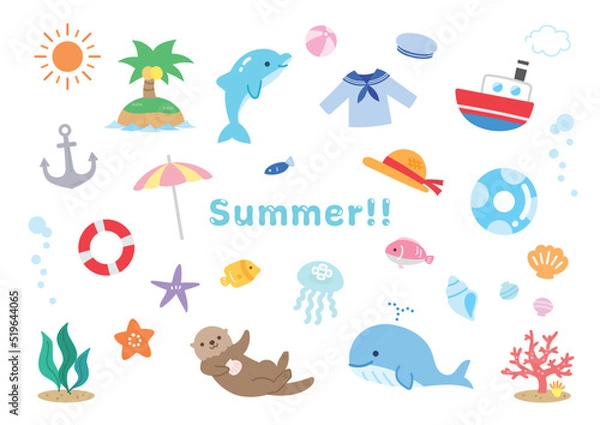 Fototapeta 海のイラスト素材セット　夏　かわいい