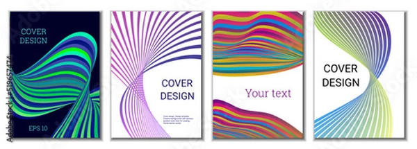 Fototapeta A set of 4 abstract covers. Wavy parallel gradient lines, ribbons evolve. Cover design, background. Trendy banner, poster.