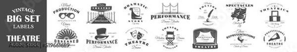 Fototapeta Set of theatre labels. Collection of theatre symbols: stage, mask, curtain. Emblems and logos of theatre. Vector illustration